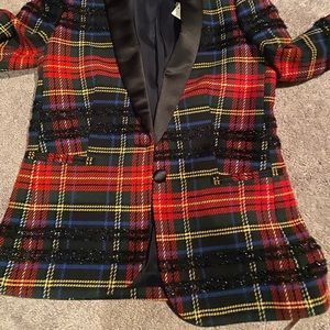 JCREW NWT CELEBRATION BLAZER. TARTAN PLAID, satin lapel & black Sparkle sz6